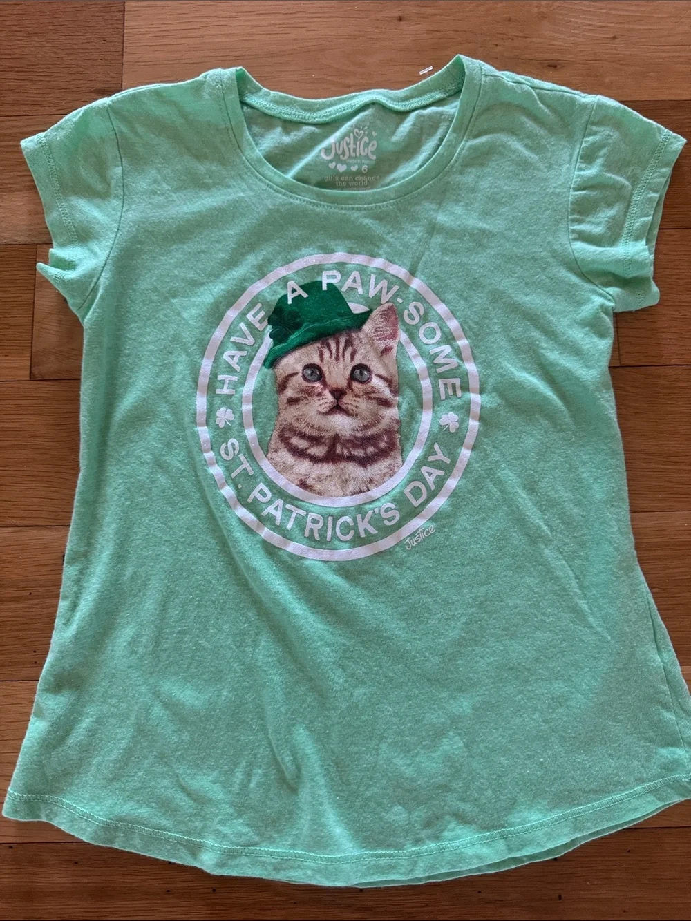 Justice Mint Green Short Sleeve Tee with Kitten St. Patrick's Graphic